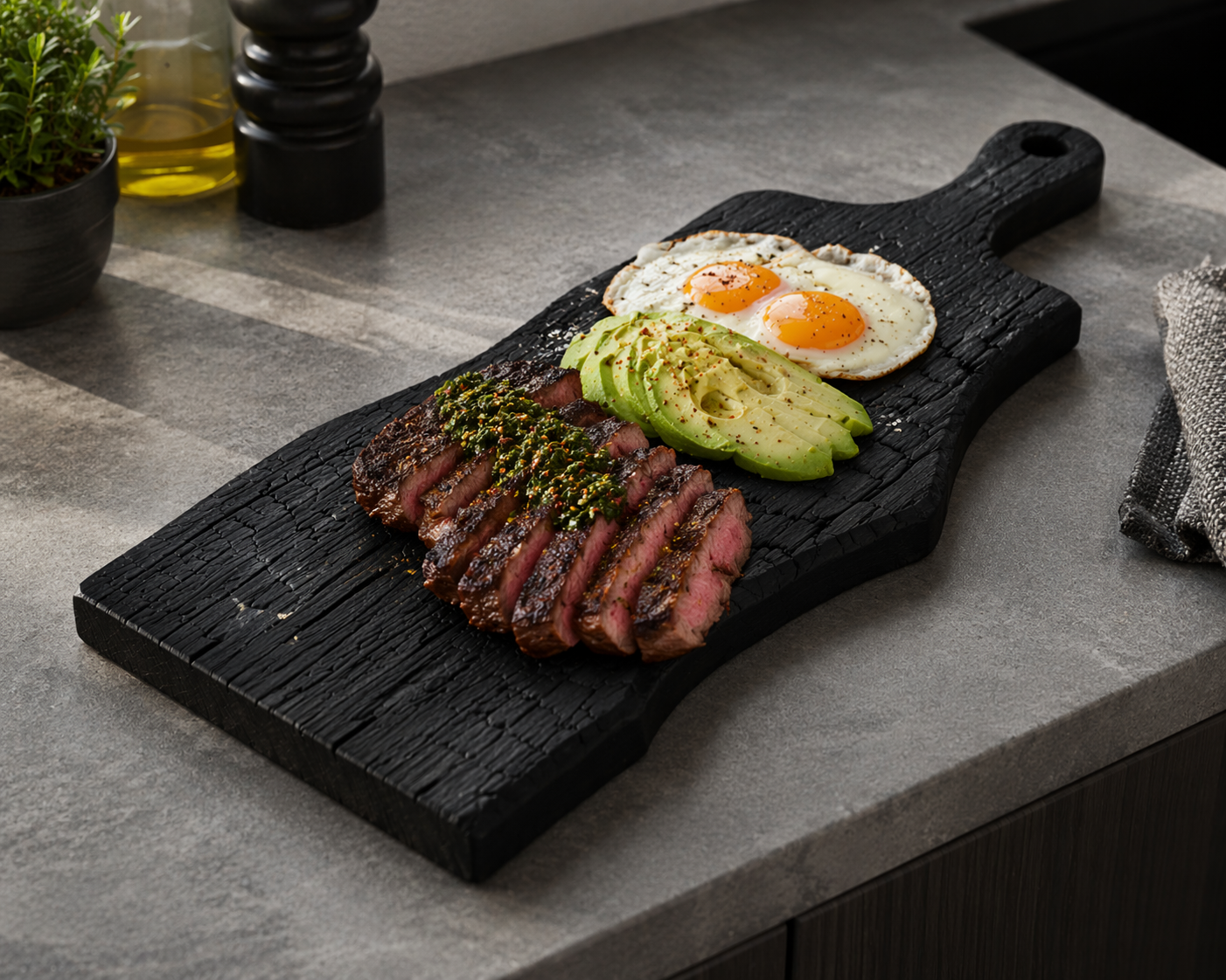 Limited Edition XL Carbon Accoya paddle styled with steak and eggs on a kitchen counter