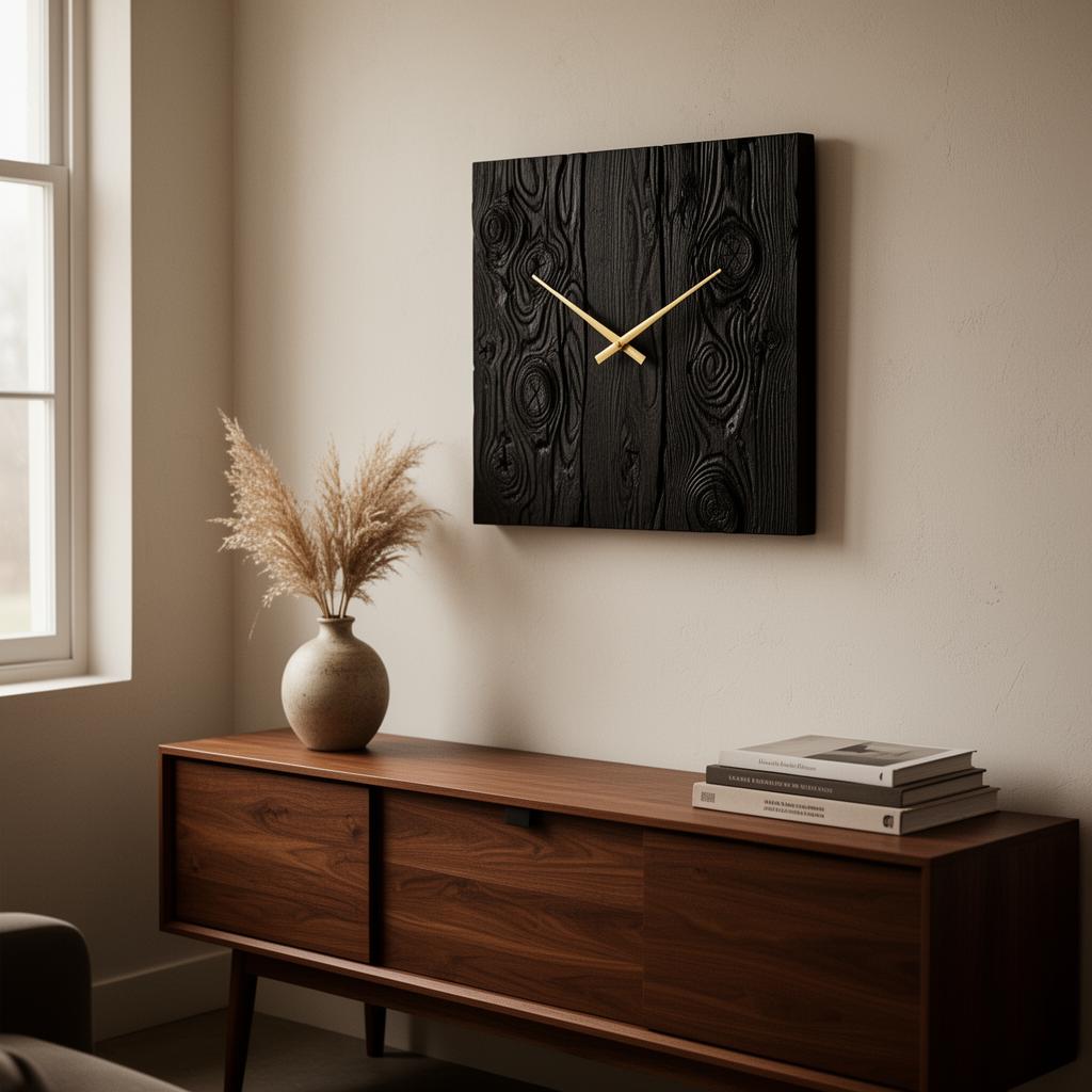 Charred oak clock styled in a warm minimalist living room above a walnut sideboard