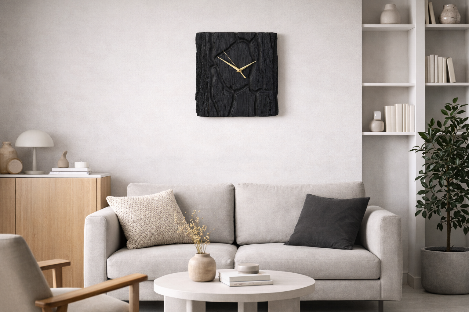 Charred oak clock in interior